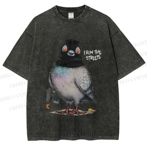 Unisex Gangsta Pigeon Printed Washed Tee
