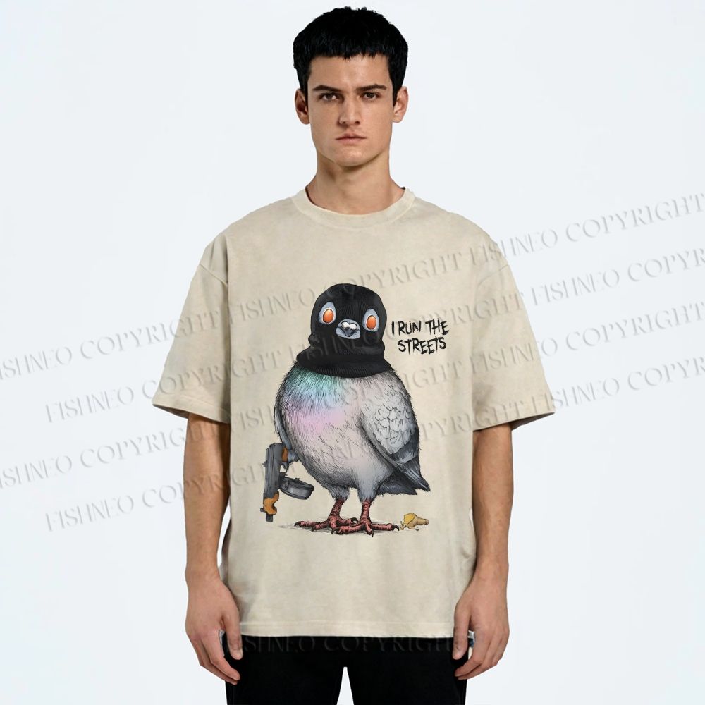 Unisex Gangsta Pigeon Printed Washed Tee