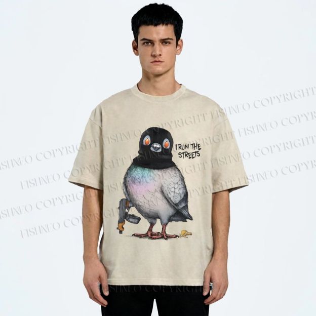 Unisex Gangsta Pigeon Printed Washed Tee