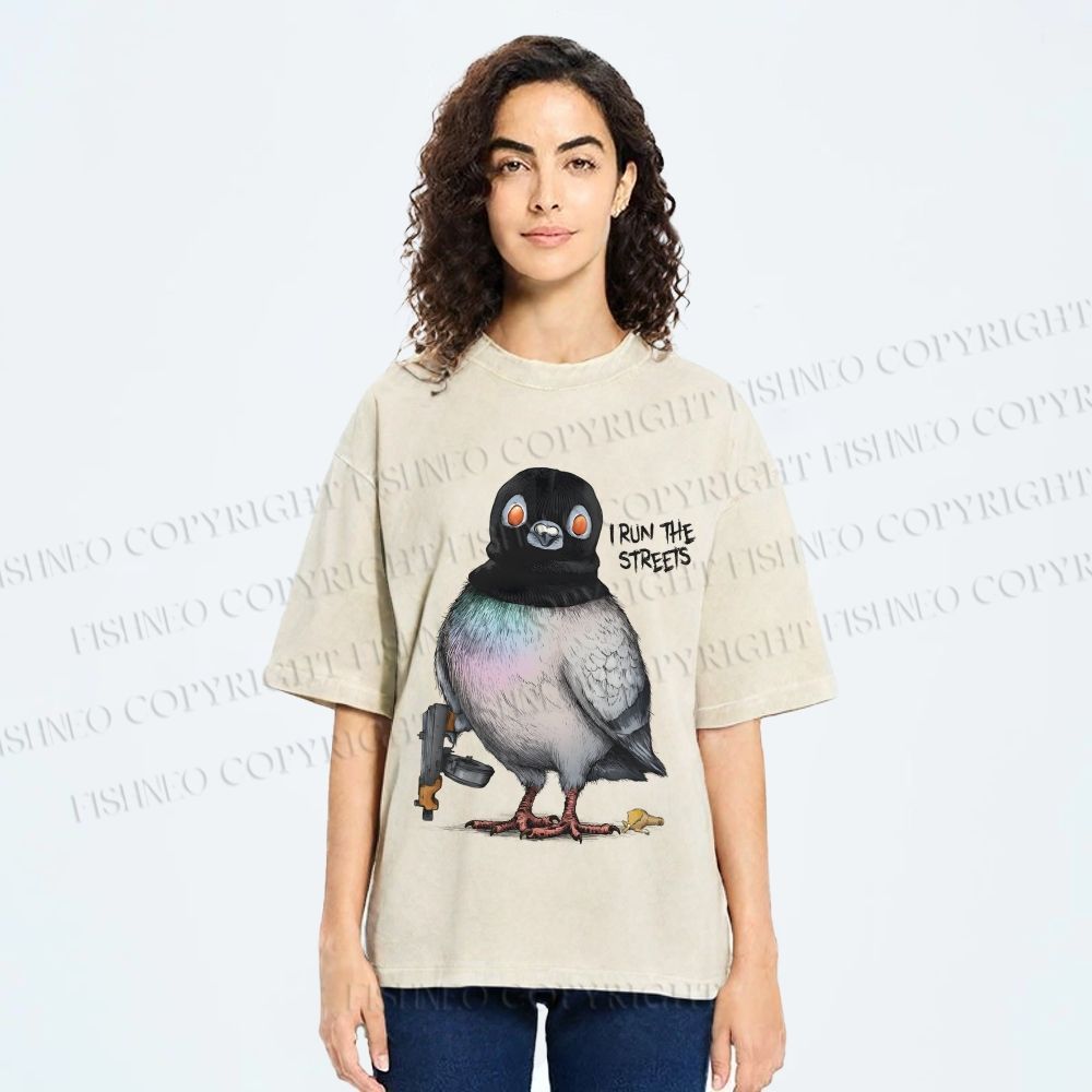 Unisex Gangsta Pigeon Printed Washed Tee