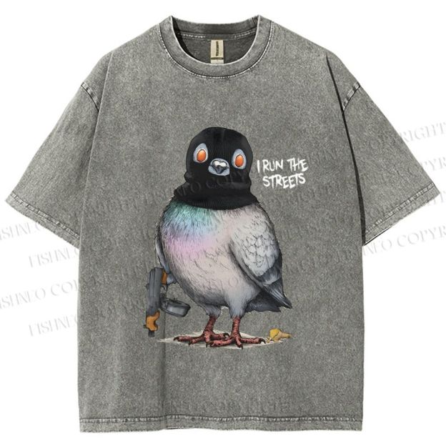 Unisex Gangsta Pigeon Printed Washed Tee