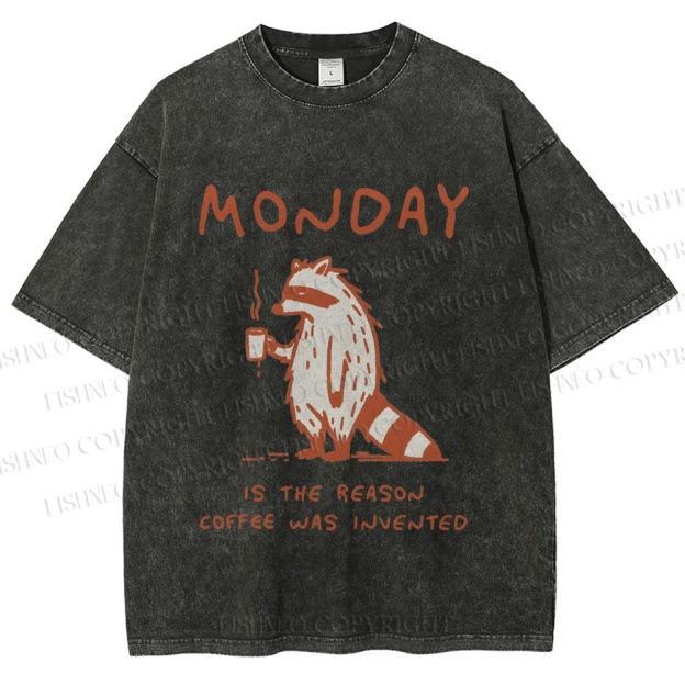 Unisex Monday Coffee Raccoon Printed Washed Tee