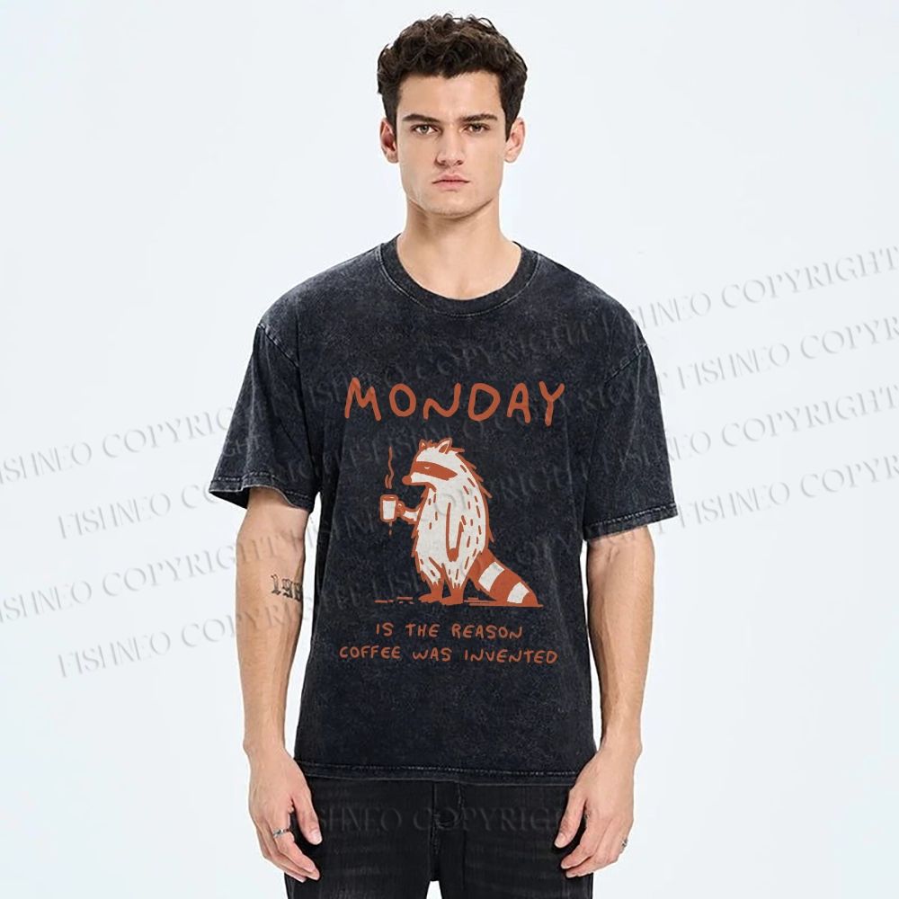Unisex Monday Coffee Raccoon Printed Washed Tee