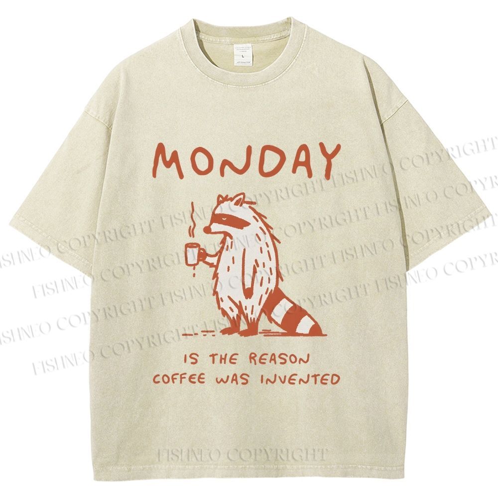 Unisex Monday Coffee Raccoon Printed Washed Tee