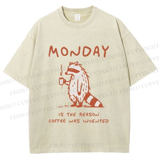 Unisex Monday Coffee Raccoon Printed Washed Tee
