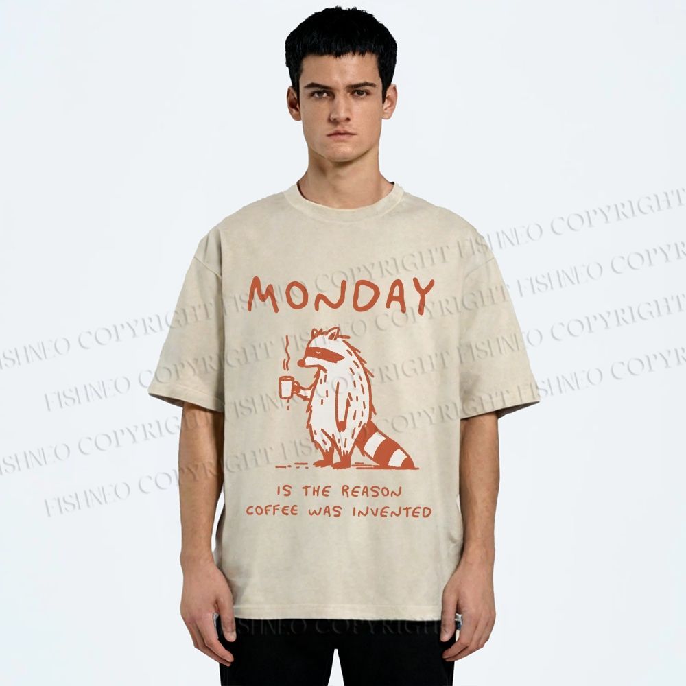 Unisex Monday Coffee Raccoon Printed Washed Tee