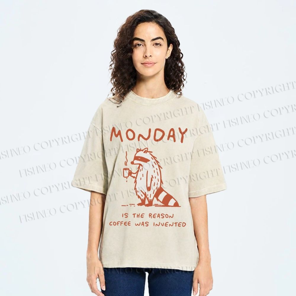 Unisex Monday Coffee Raccoon Printed Washed Tee