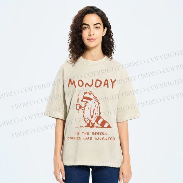 Unisex Monday Coffee Raccoon Printed Washed Tee