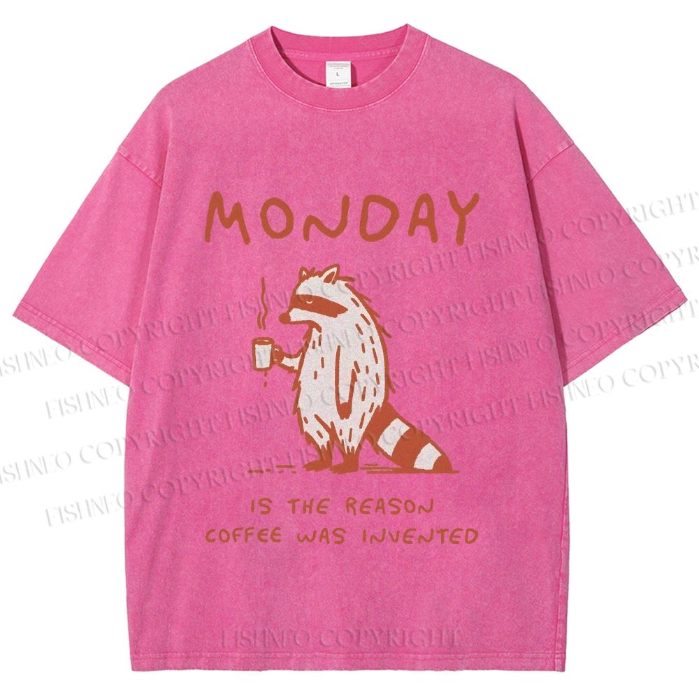 Unisex Monday Coffee Raccoon Printed Washed Tee