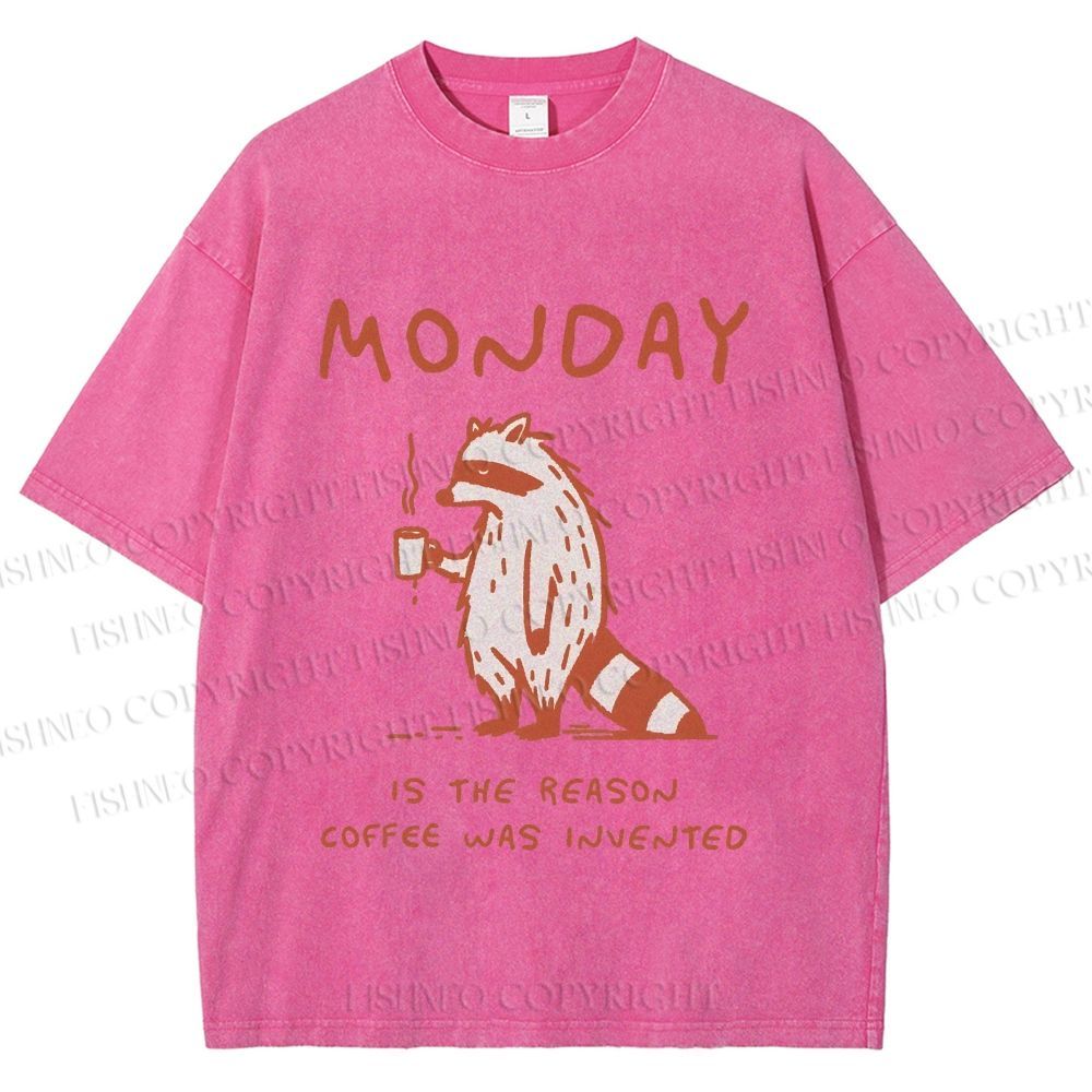 Unisex Monday Coffee Raccoon Printed Washed Tee