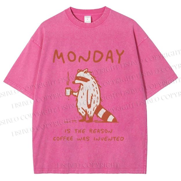 Unisex Monday Coffee Raccoon Printed Washed Tee