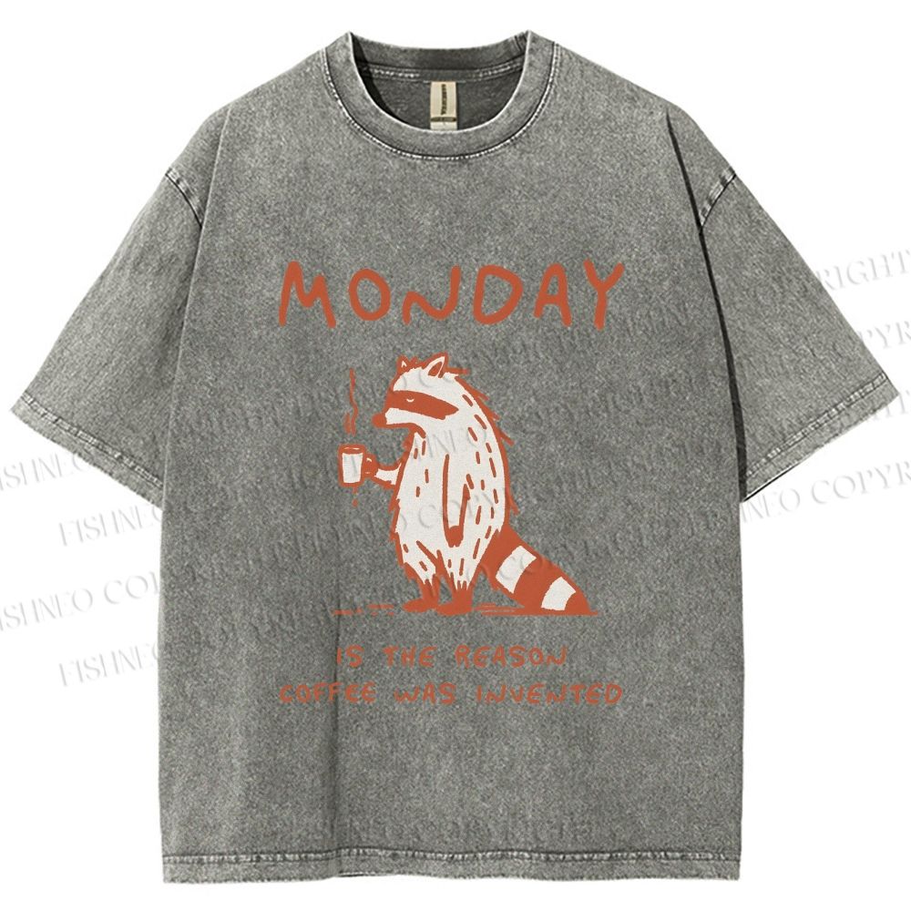 Unisex Monday Coffee Raccoon Printed Washed Tee