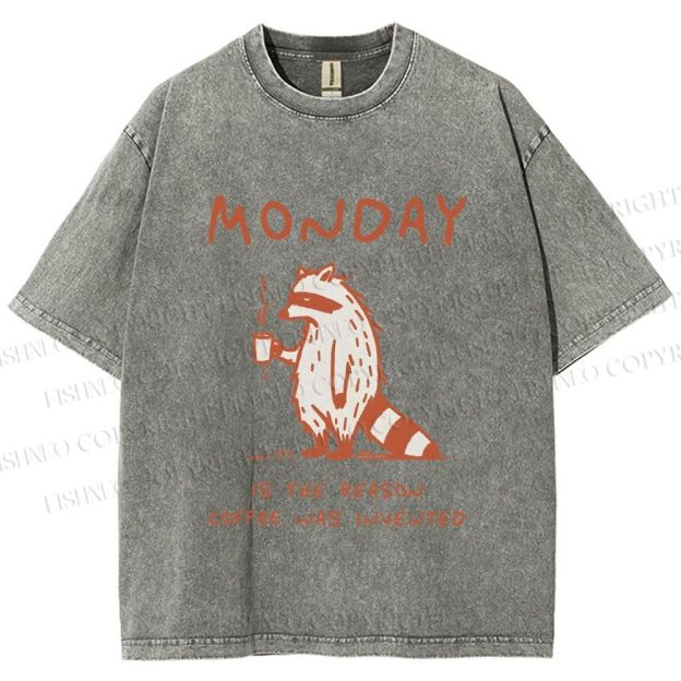 Unisex Monday Coffee Raccoon Printed Washed Tee