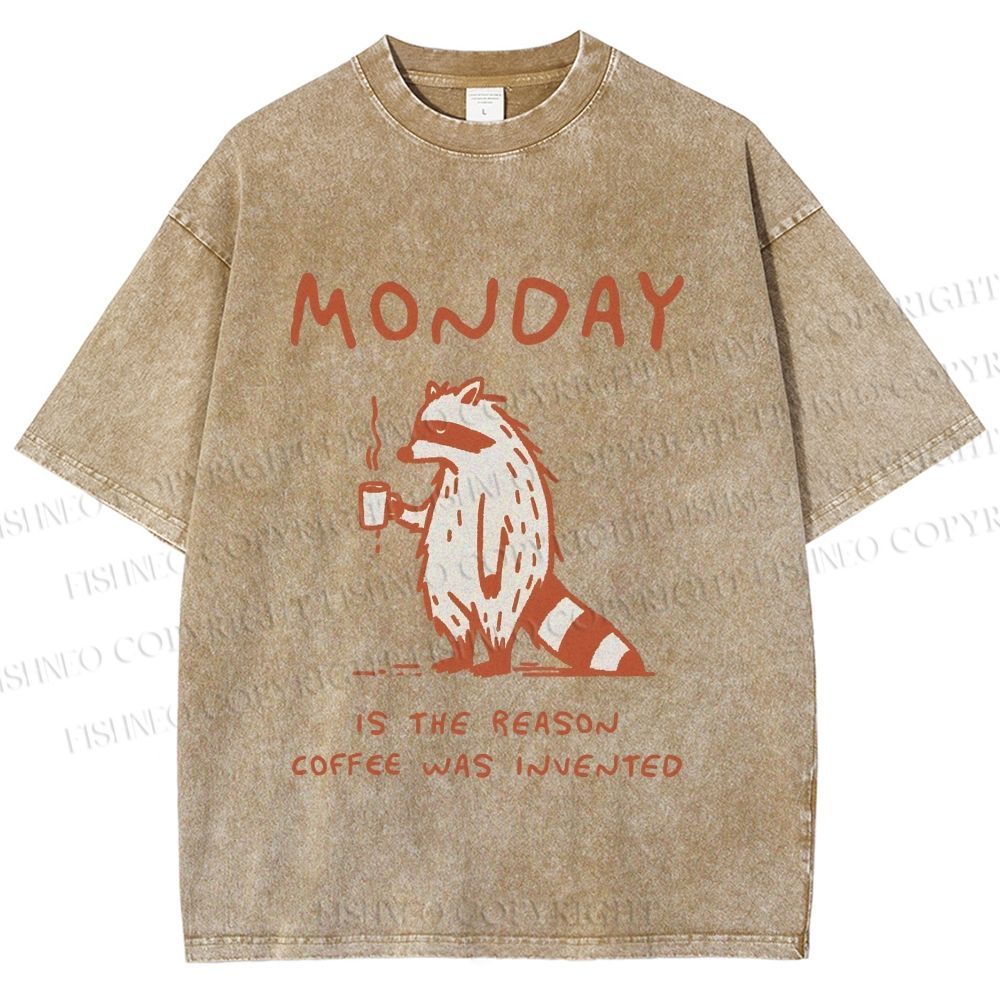 Unisex Monday Coffee Raccoon Printed Washed Tee