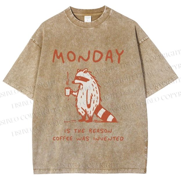 Unisex Monday Coffee Raccoon Printed Washed Tee