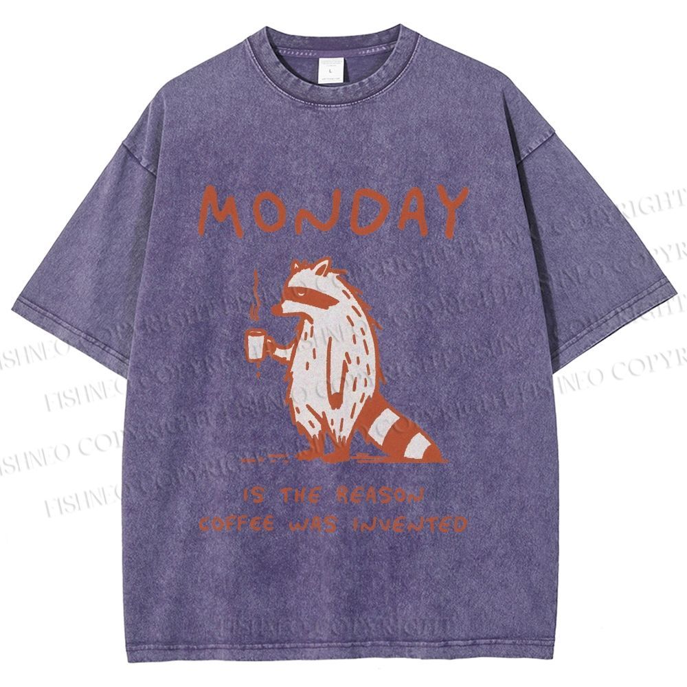 Unisex Monday Coffee Raccoon Printed Washed Tee