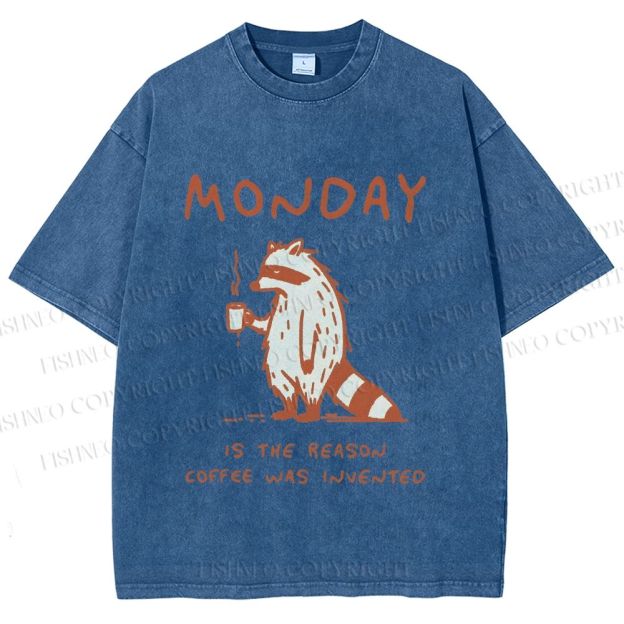 Unisex Monday Coffee Raccoon Printed Washed Tee
