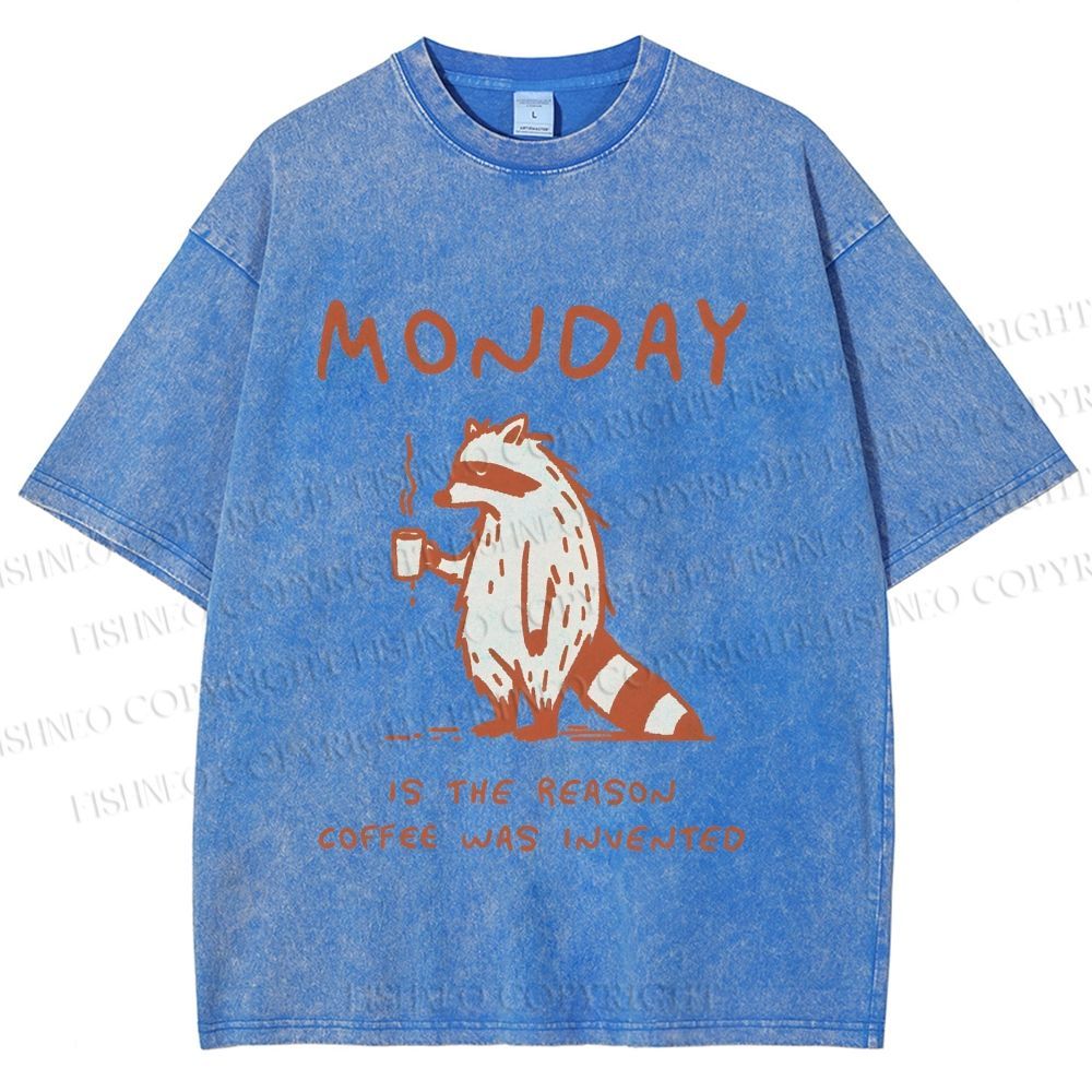 Unisex Monday Coffee Raccoon Printed Washed Tee