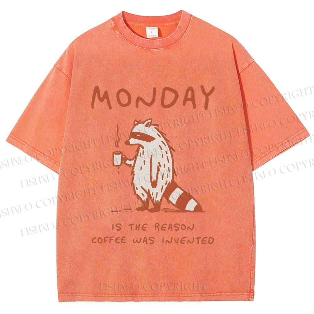 Unisex Monday Coffee Raccoon Printed Washed Tee