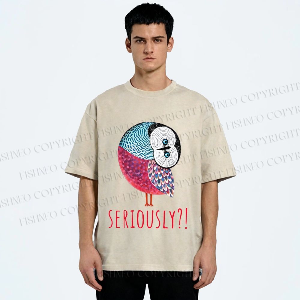 Unisex Seriously Art Owl Printed Washed Tee