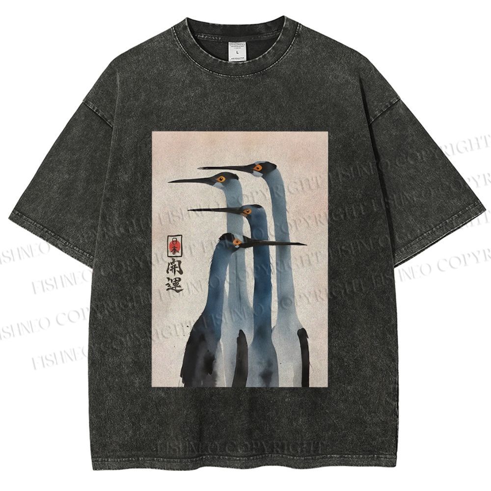 Unisex Fortune Ink Cranes Printed Washed Tee