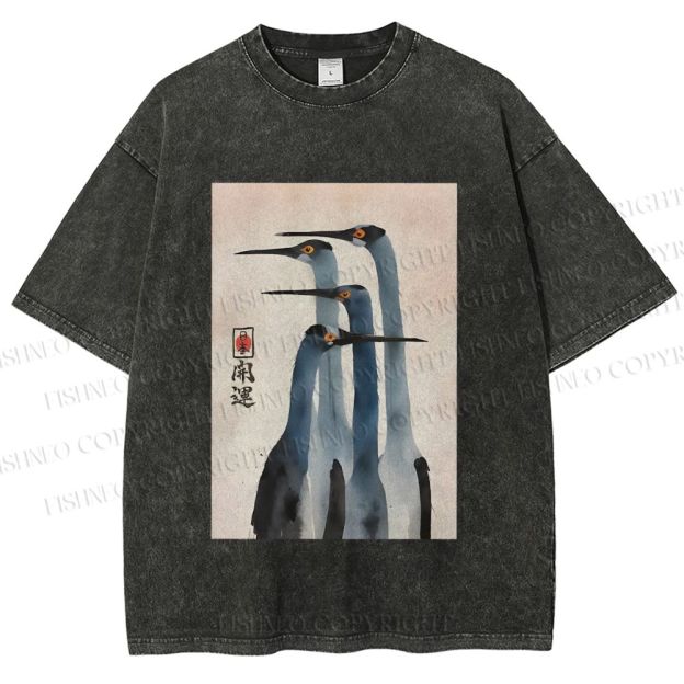 Unisex Fortune Ink Cranes Printed Washed Tee
