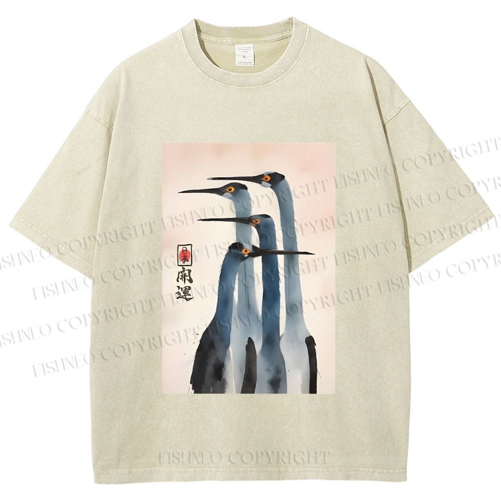 Unisex Fortune Ink Cranes Printed Washed Tee