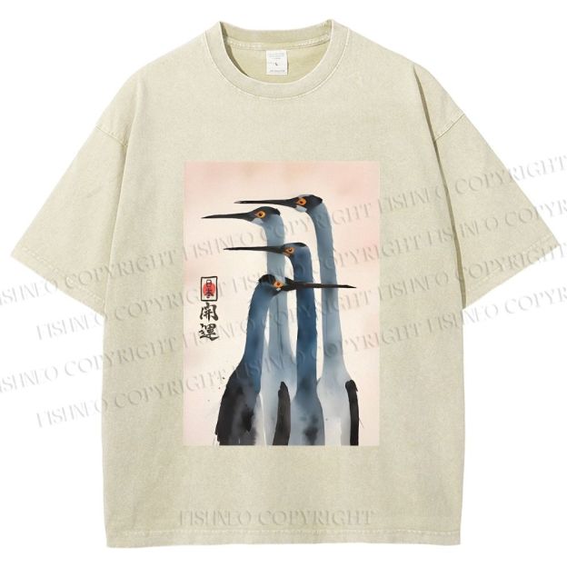 Unisex Fortune Ink Cranes Printed Washed Tee