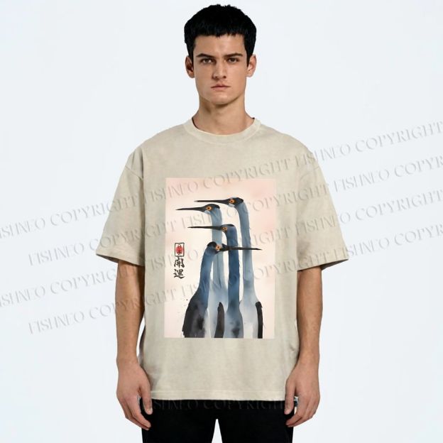 Unisex Fortune Ink Cranes Printed Washed Tee