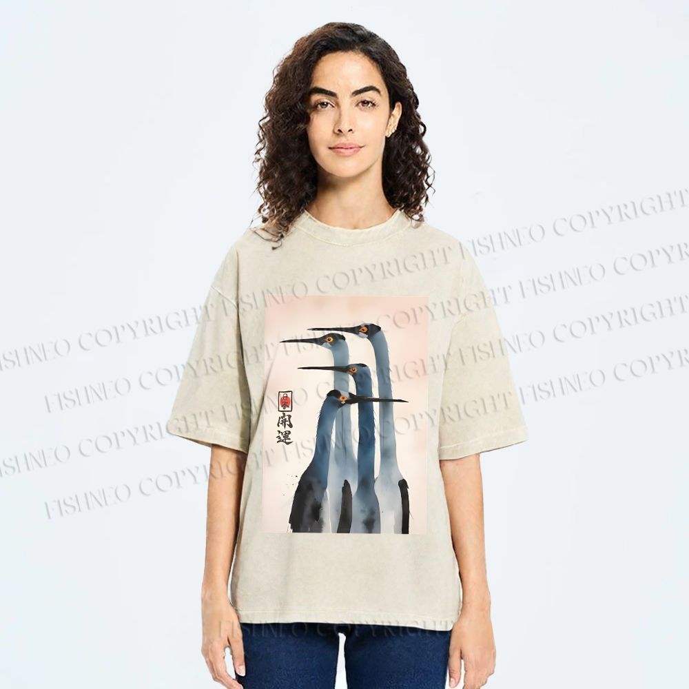 Unisex Fortune Ink Cranes Printed Washed Tee