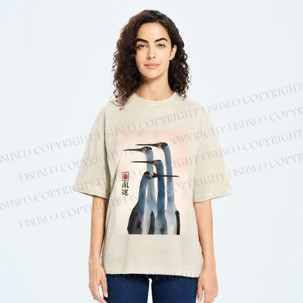 Unisex Fortune Ink Cranes Printed Washed Tee