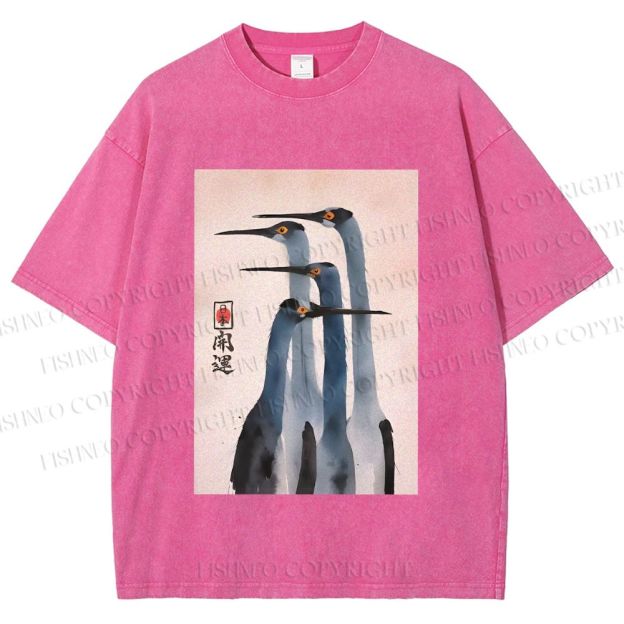 Unisex Fortune Ink Cranes Printed Washed Tee
