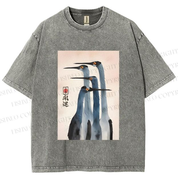 Unisex Fortune Ink Cranes Printed Washed Tee