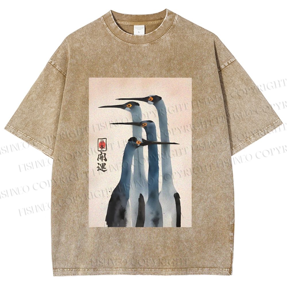 Unisex Fortune Ink Cranes Printed Washed Tee