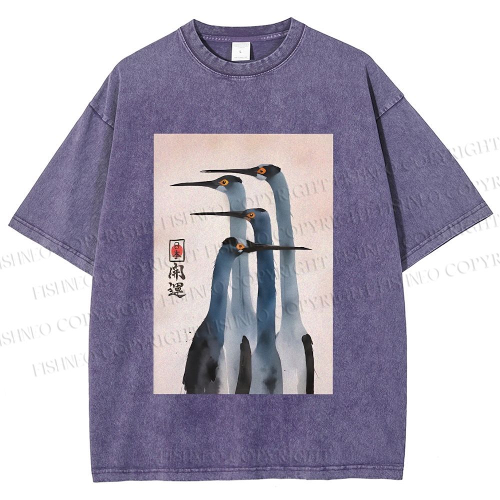Unisex Fortune Ink Cranes Printed Washed Tee