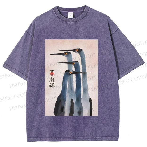 Unisex Fortune Ink Cranes Printed Washed Tee