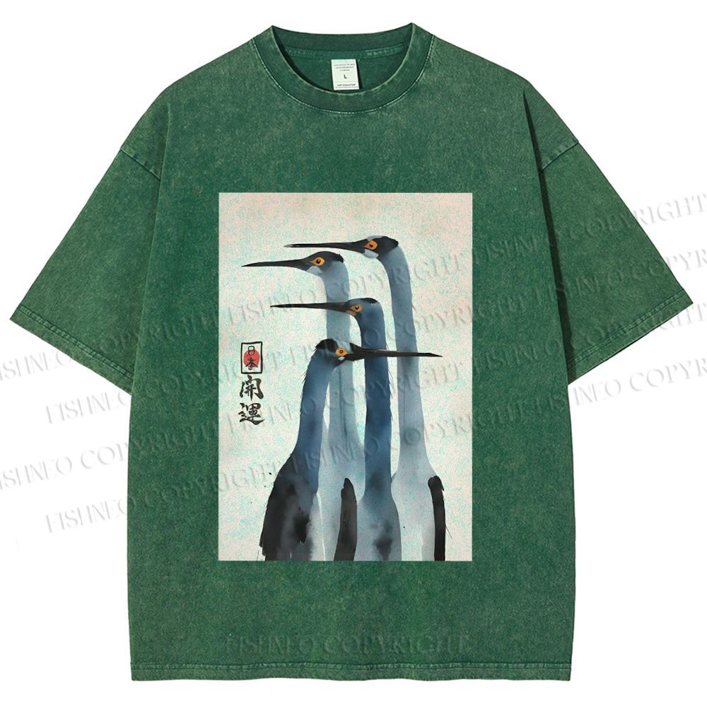 Unisex Fortune Ink Cranes Printed Washed Tee
