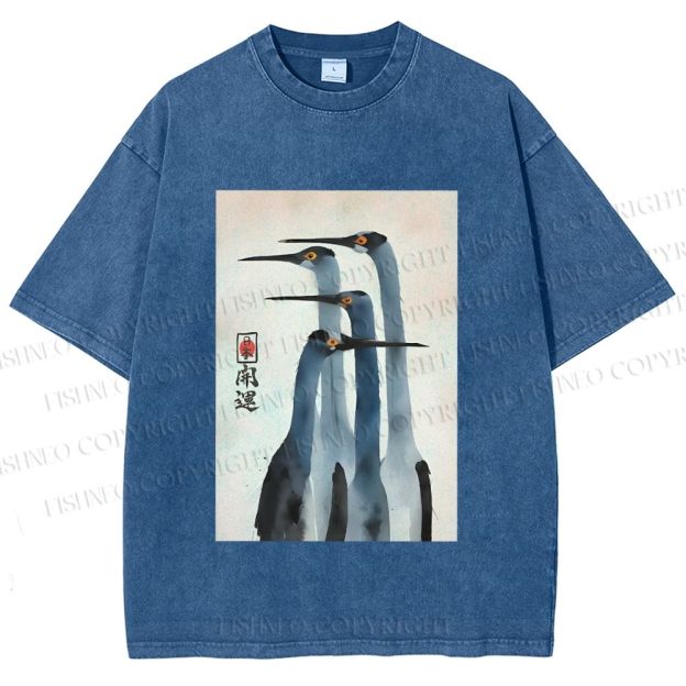 Unisex Fortune Ink Cranes Printed Washed Tee