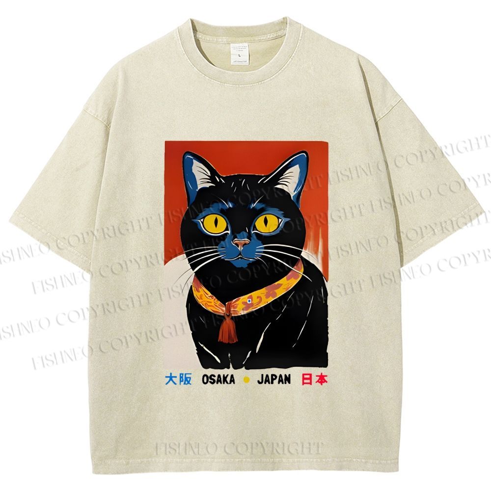 Unisex Osaka Retro Black Cat Printed Washed Tee
