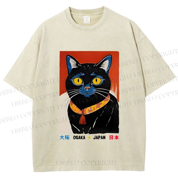 Unisex Osaka Retro Black Cat Printed Washed Tee
