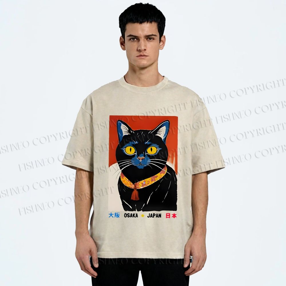 Unisex Osaka Retro Black Cat Printed Washed Tee