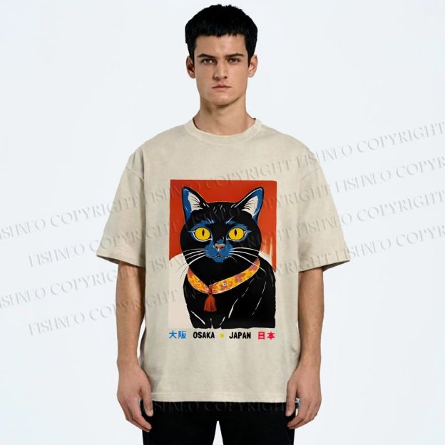 Unisex Osaka Retro Black Cat Printed Washed Tee