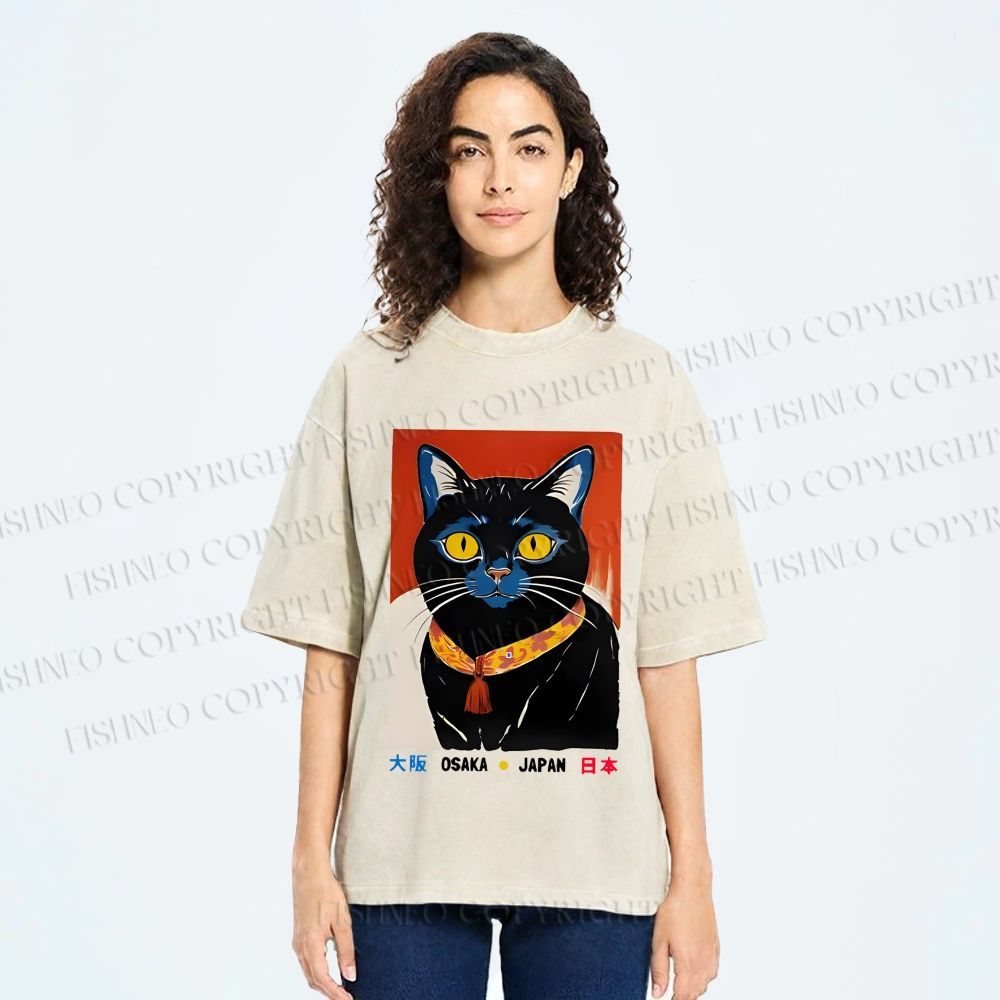Unisex Osaka Retro Black Cat Printed Washed Tee
