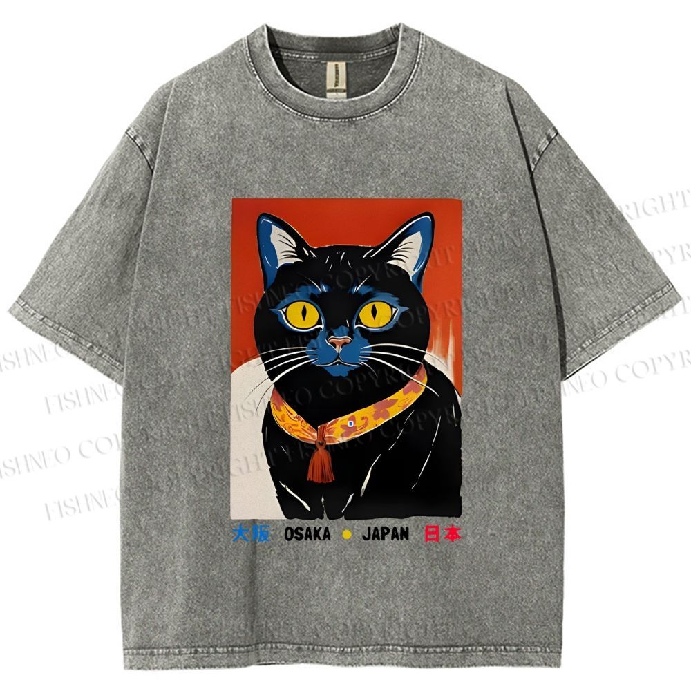 Unisex Osaka Retro Black Cat Printed Washed Tee