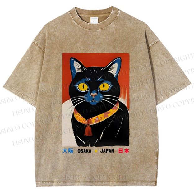 Unisex Osaka Retro Black Cat Printed Washed Tee