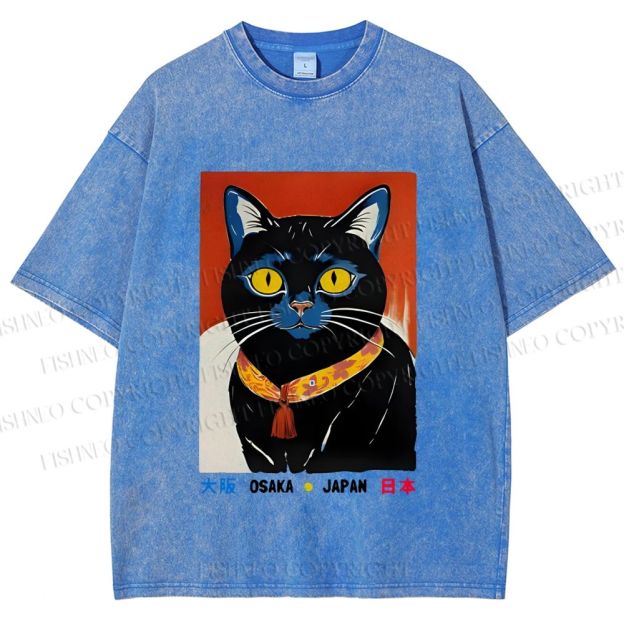 Unisex Osaka Retro Black Cat Printed Washed Tee