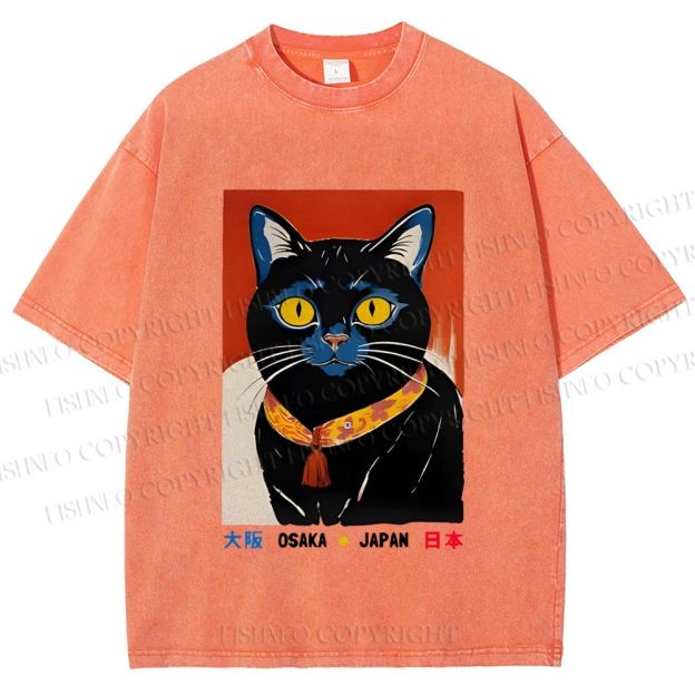 Unisex Osaka Retro Black Cat Printed Washed Tee