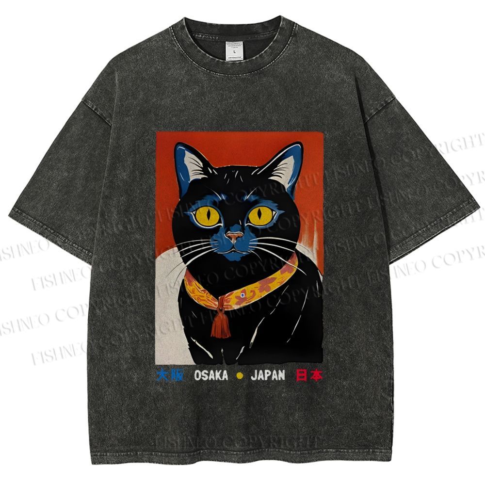 Unisex Osaka Retro Black Cat Printed Washed Tee