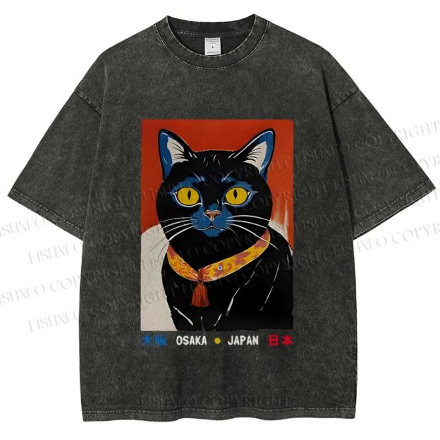 Unisex Osaka Retro Black Cat Printed Washed Tee