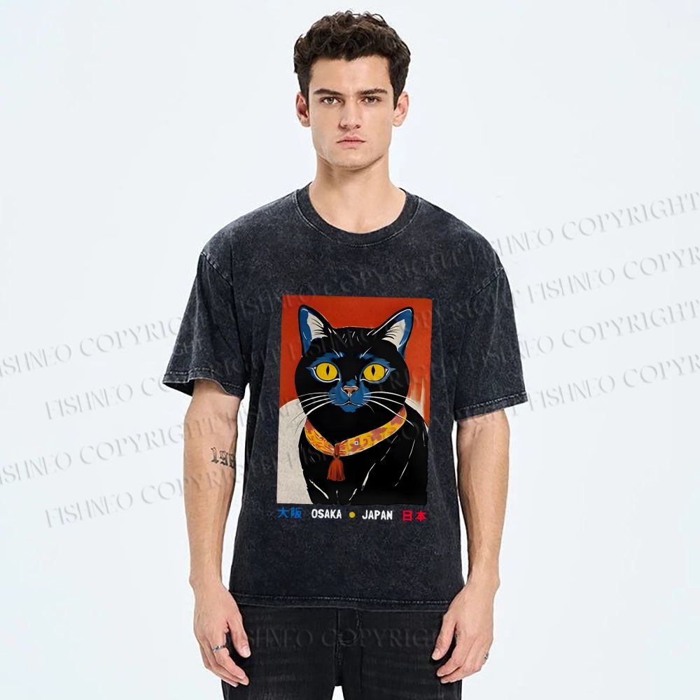 Unisex Osaka Retro Black Cat Printed Washed Tee